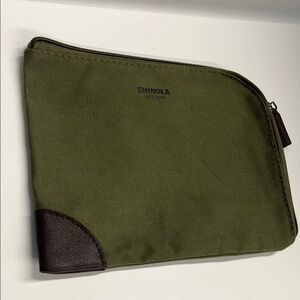 Shinola Detroit Canvas Green Three Sided Zip Around Clutch Bag